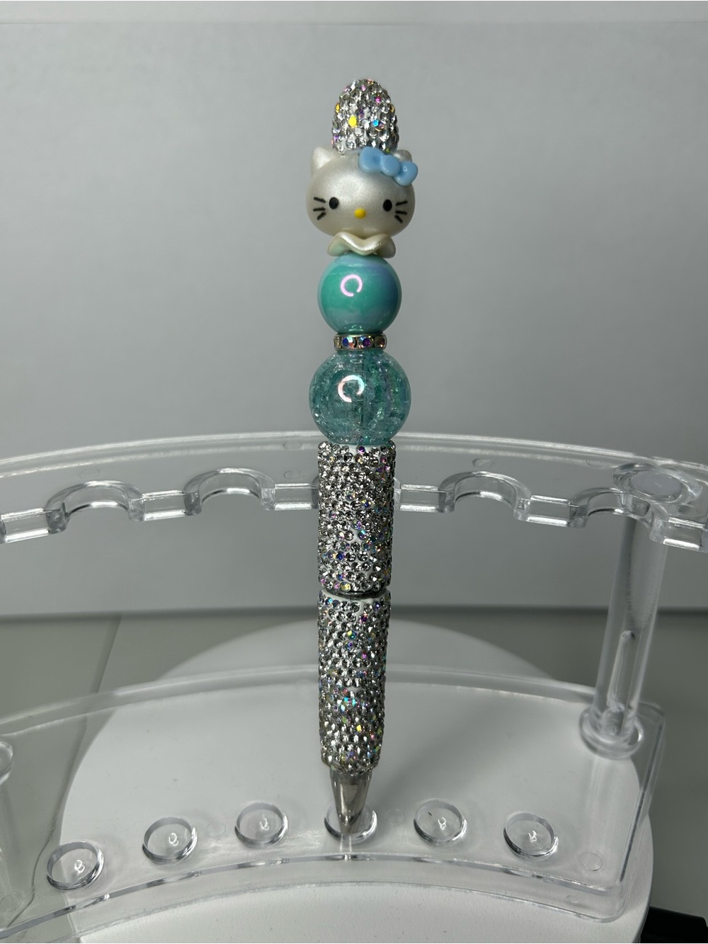 Custom-made Hello Kitty Inspired Silver and Aqua Beaded Pen